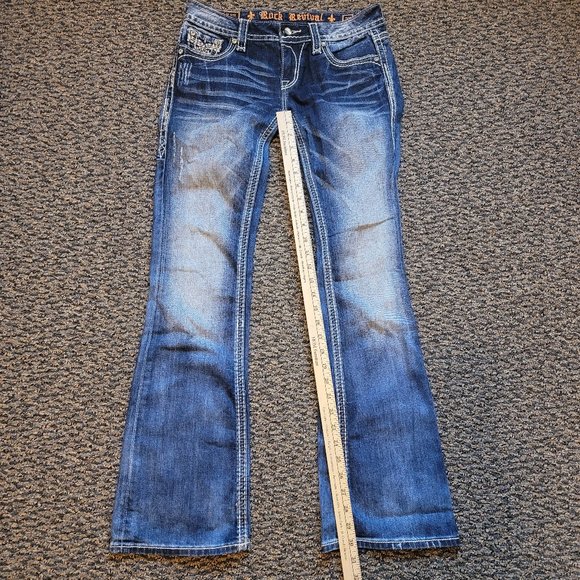 Rock Revival Betty Boot Distressed Jeans Size 27 Rhinestone Pocket Bling - Picture 4 of 11